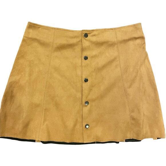 Faux Suede Fall Mini Skirt Button Down A Line Western Brown Camel - Picture 1 of 8